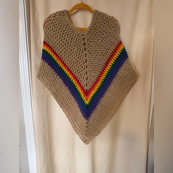 Crochet Poncho, Women’s sz Medium Tan & Rainbow Colors, Handmade Crochet Poncho - Picture 2 of 6